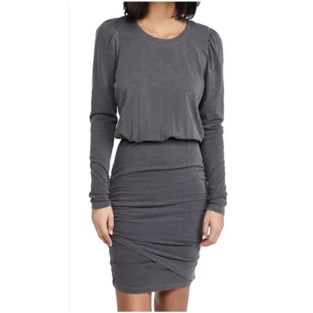 Sundry Puff Long Sleeve Shirred Dress NWT Womens Large New Grey Pigment Charcoal
